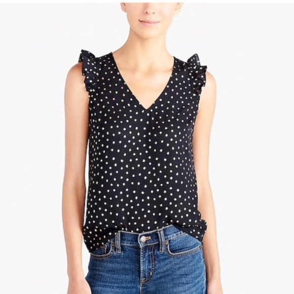 J.Crew Printed Sleeveless Ruffled Blouse Polka Dot - Picture 1 of 11